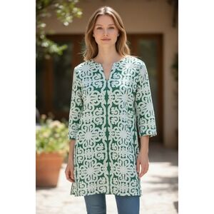 Roller Rabbit Tunic SZ Small Green Embroidered Split Neck 3/4 Sleeve Boho cotton